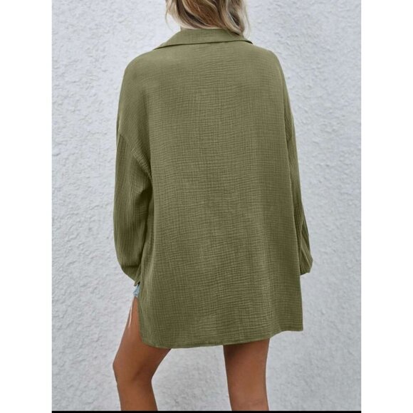 100% cotton button down shirt boho textured blouse olive green - Picture 2 of 7